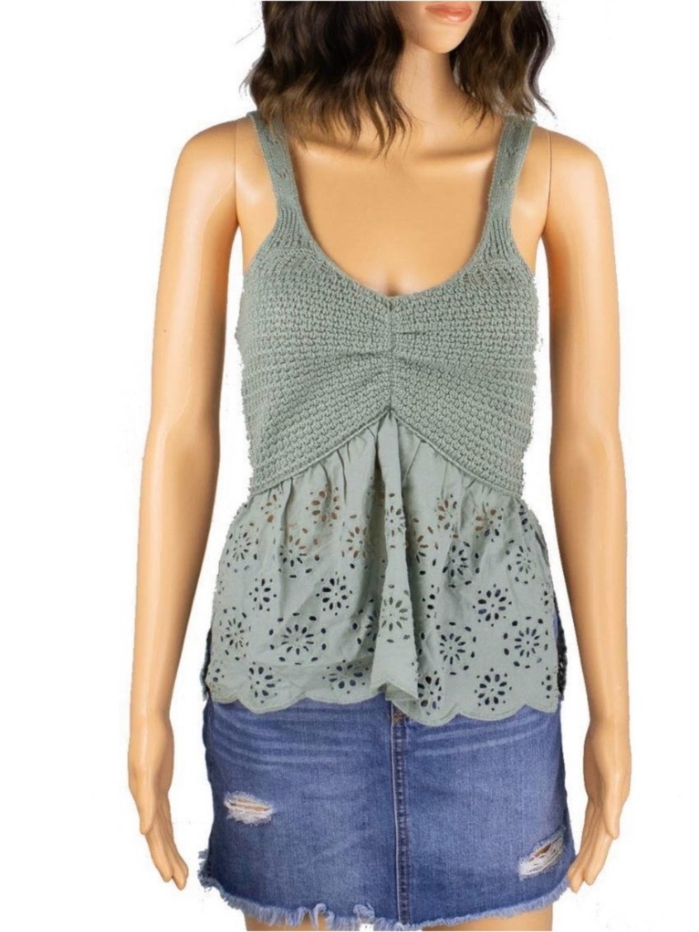 Francesca's Collections Sage Crochet Knit & Eyelet Peplum Top